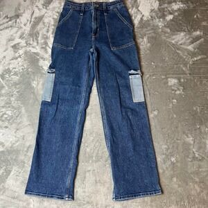 Hollister Womens Carpenter Jeans 1S 25x29 High Waist Denim Blue Utility Pockets